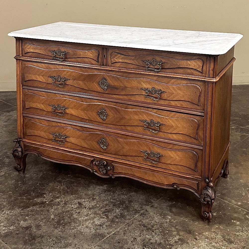Hand-Crafted Antique French Louis XV Walnut Commode with Carrara Marble For Sale