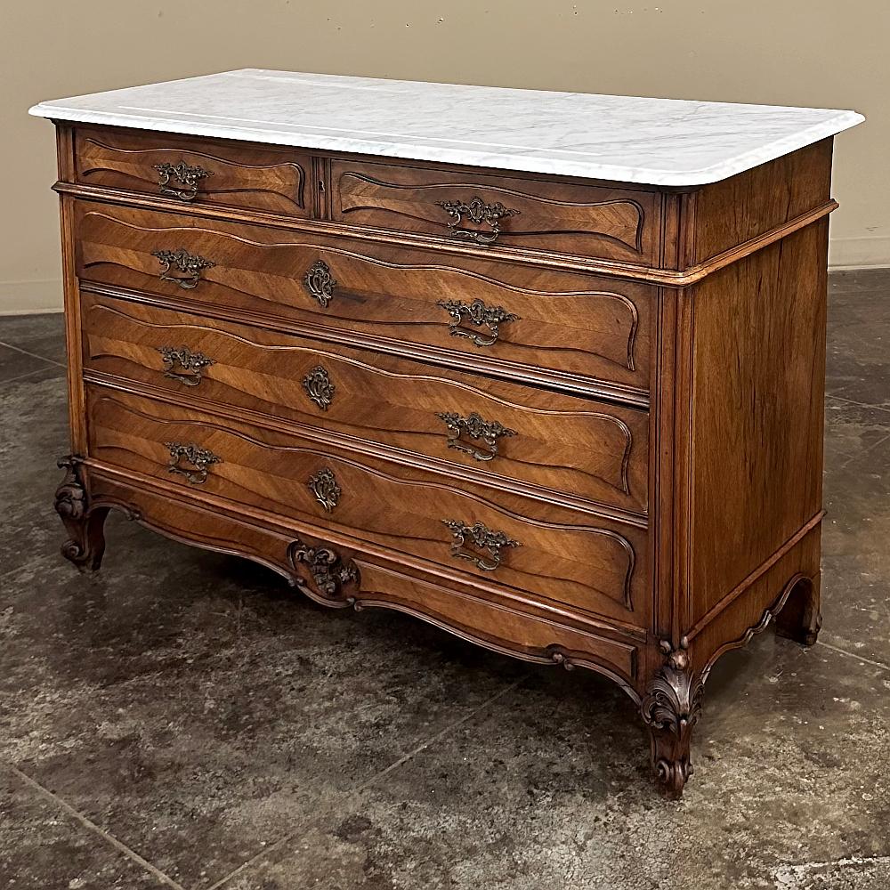 20th Century Antique French Louis XV Walnut Commode with Carrara Marble For Sale