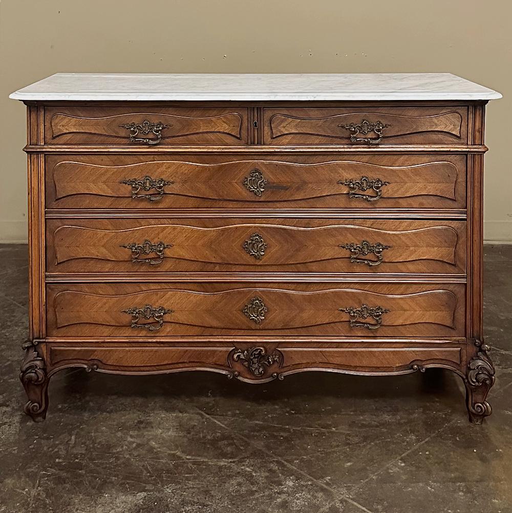 Brass Antique French Louis XV Walnut Commode with Carrara Marble For Sale