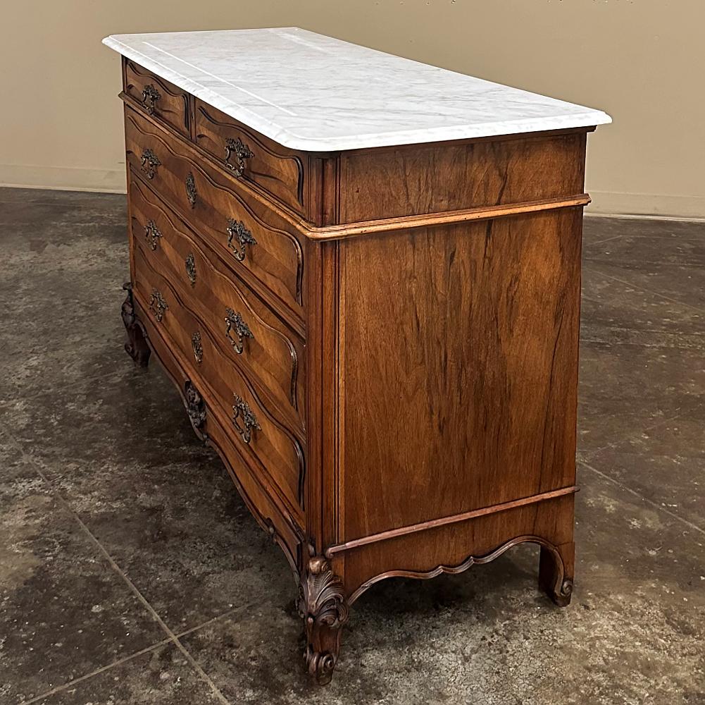 Antique French Louis XV Walnut Commode with Carrara Marble For Sale 1