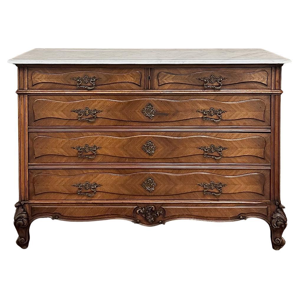 Antique French Louis XV Walnut Commode with Carrara Marble For Sale