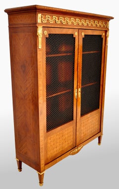 Antique French Louis XV Walnut Inlay Parquetry Ormolu Bibliotheque Bookcase 1890