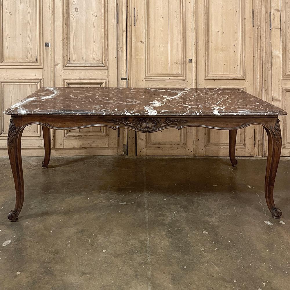 Hand-Carved Antique French Louis XV Walnut Marble-Top Dining Table For Sale