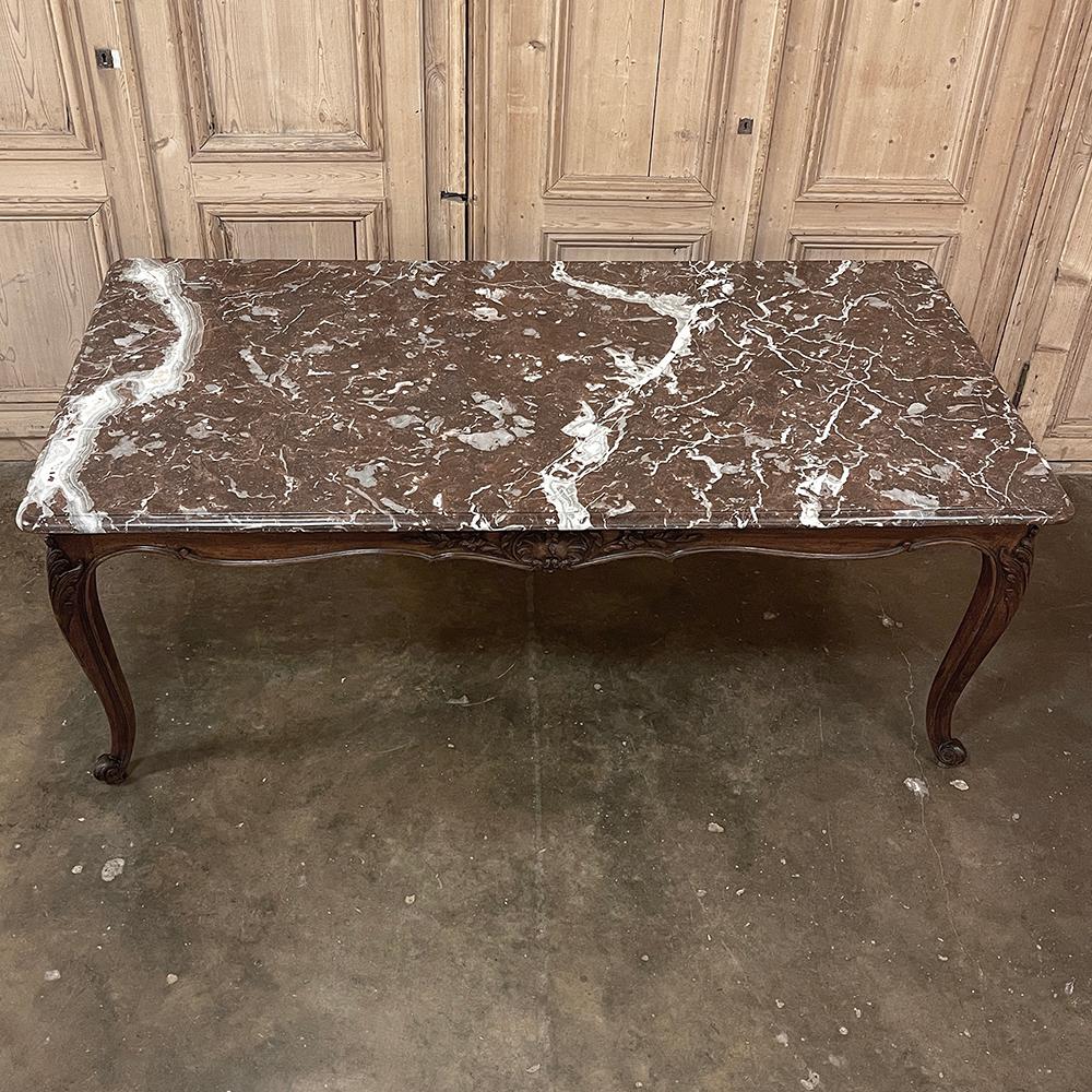 Antique French Louis XV Walnut Marble-Top Dining Table In Good Condition For Sale In Dallas, TX