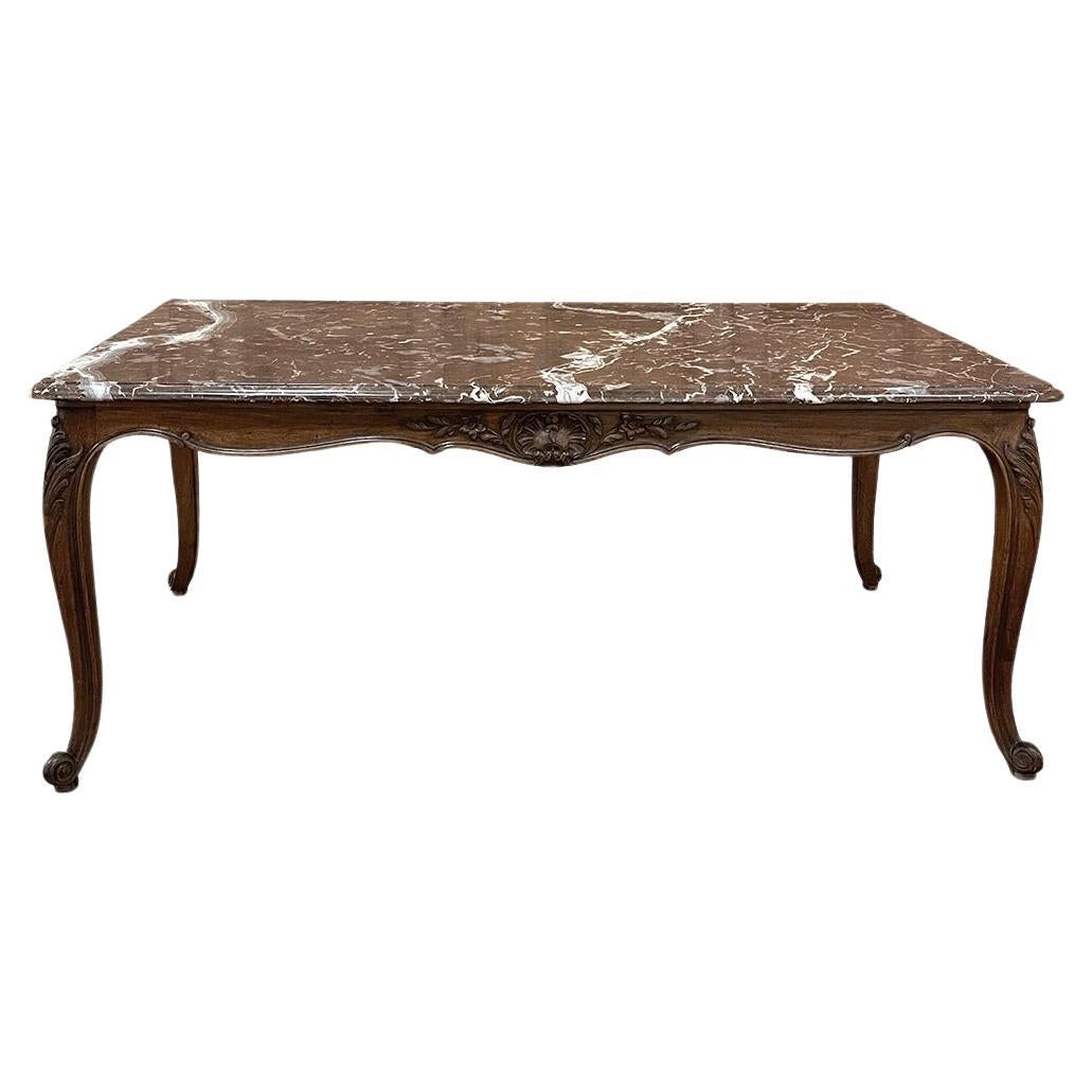 Ancienne table de salle à manger Louis XV en noyer à plateau de marbre