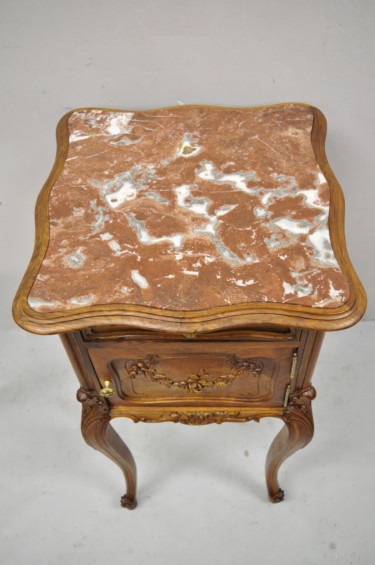 Antique French Louis XV Walnut Marble Top Nightstand Humidor Porcelain Lined For Sale 8