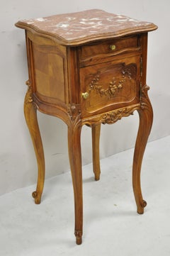 Antique French Louis XV Walnut Marble Top Nightstand Humidor Porcelain Lined