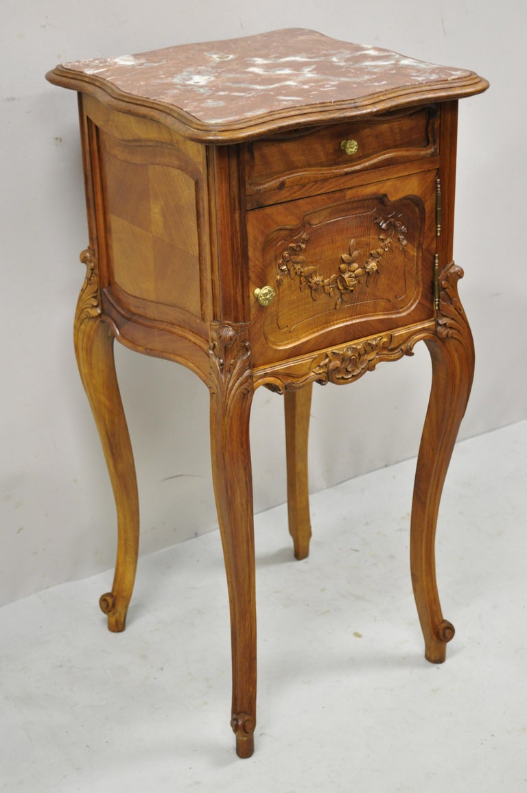 Antique French Louis XV Style Carved Walnut Marble Top Nightstand Humidor Porcelain Lined by J. David. Item features porcelain lined interior, hand carved floral details, inset marble top, 1 swing doors, original stamp, 1 dovetailed drawer, cabriole
