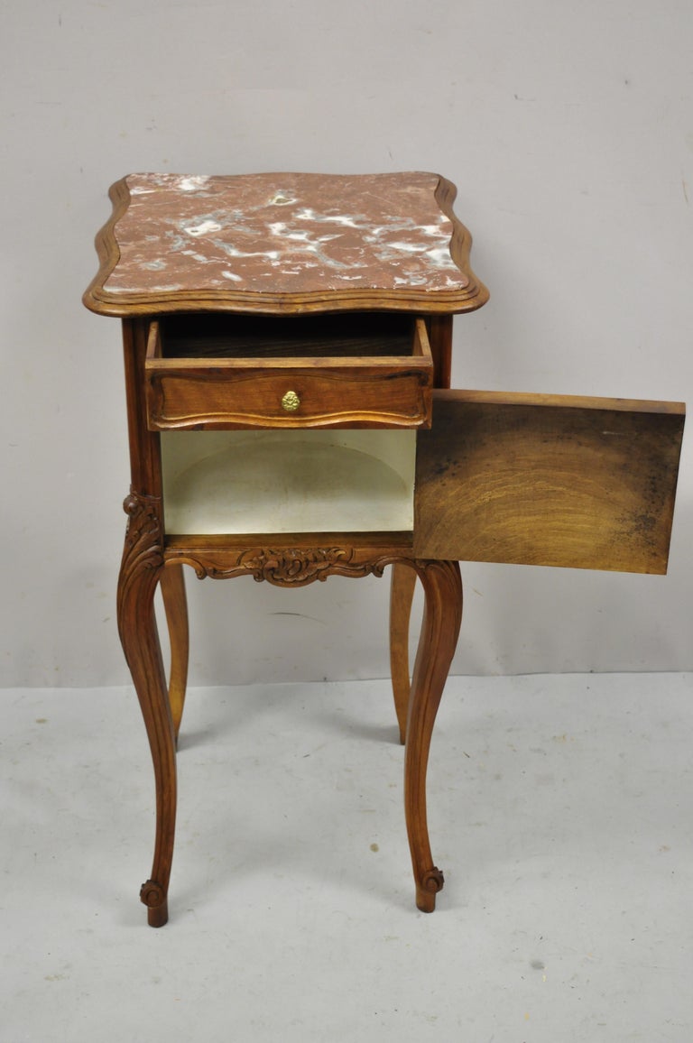 Antique French Louis XV Walnut Marble Top Nightstand Humidor Porcelain Lined For Sale 3