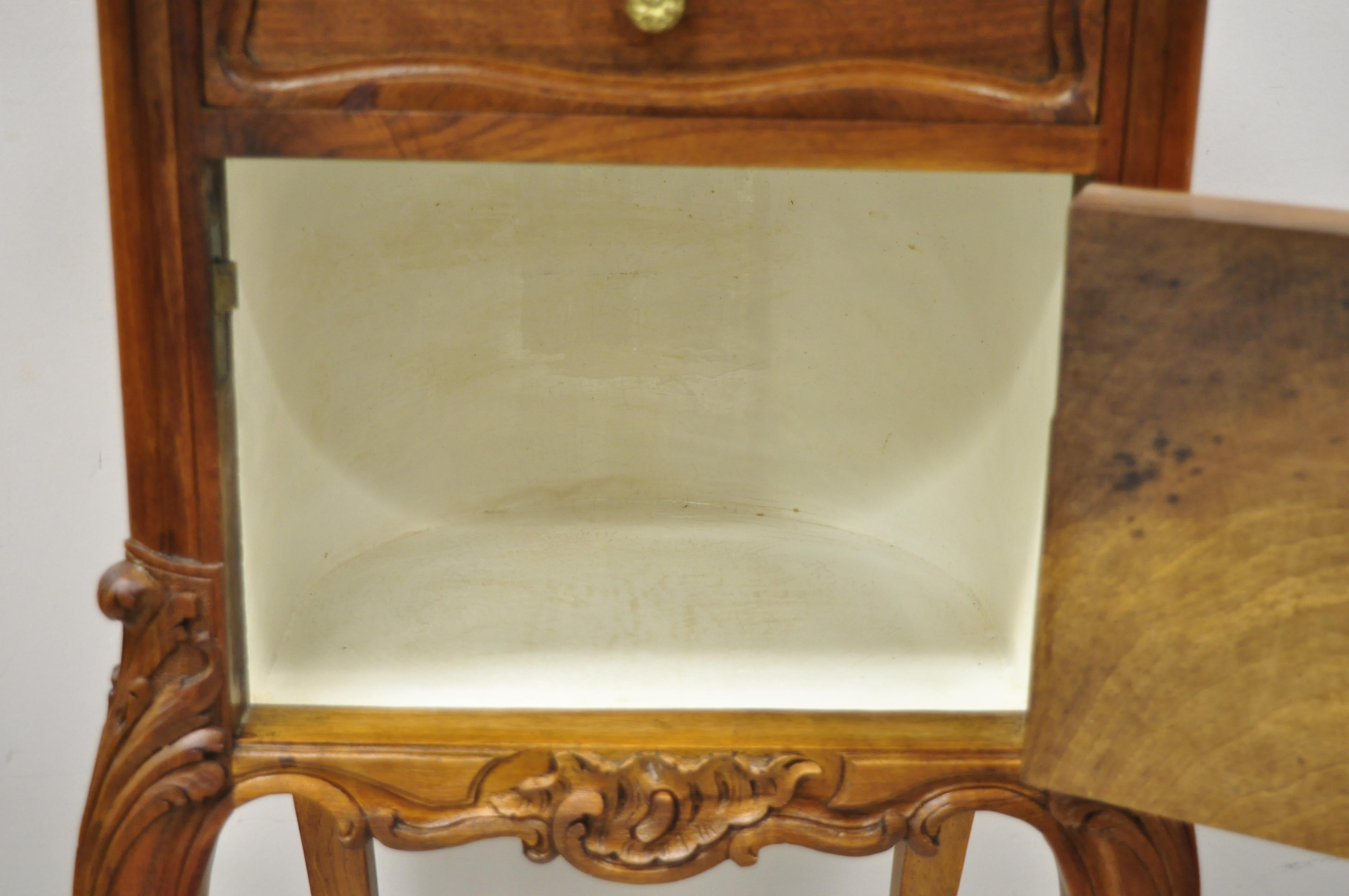 Antique French Louis XV Walnut Marble Top Nightstand Humidor Porcelain Lined 4