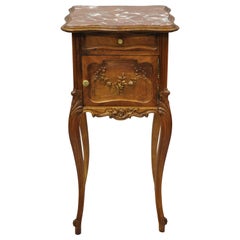 Antique French Louis XV Walnut Marble Top Nightstand Humidor Porcelain Lined