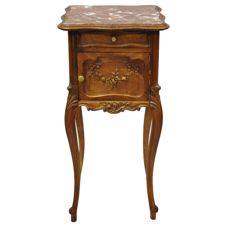 Antique French Louis XV Walnut Marble Top Nightstand Humidor Porcelain Lined For Sale