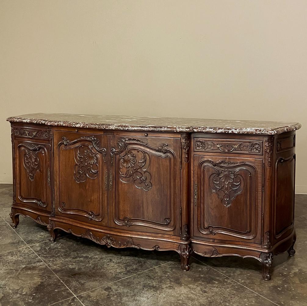Hand-Carved Antique French Louis XV Walnut Marble Top Serpentine Buffet For Sale
