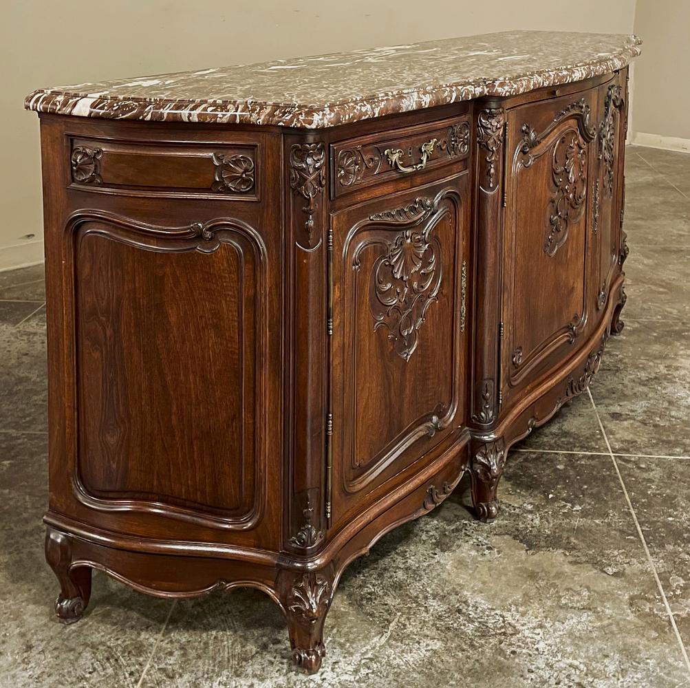 Antique French Louis XV Walnut Marble Top Serpentine Buffet In Good Condition For Sale In Dallas, TX