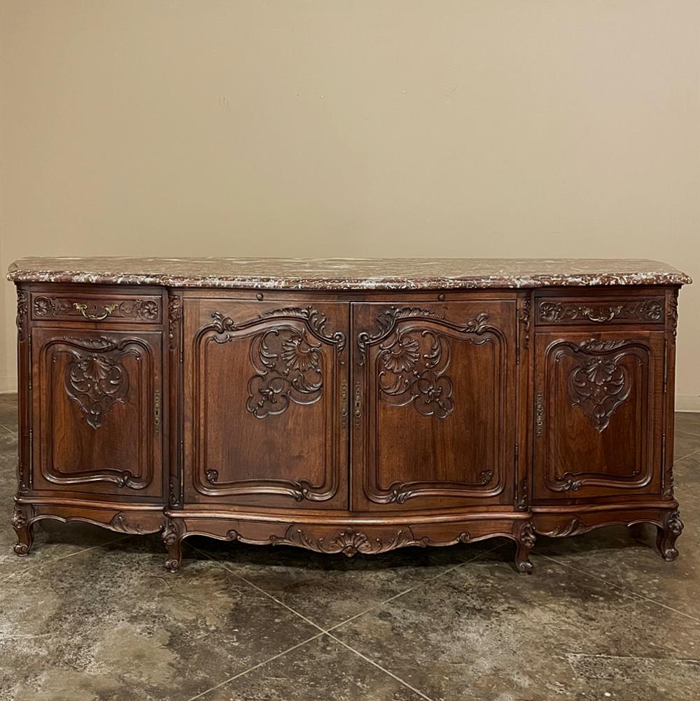 20th Century Antique French Louis XV Walnut Marble Top Serpentine Buffet For Sale