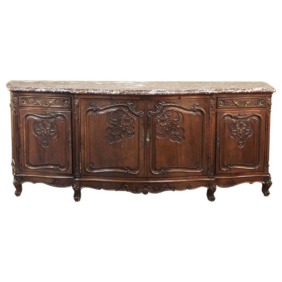 Antique French Louis XV Walnut Marble Top Serpentine Buffet
