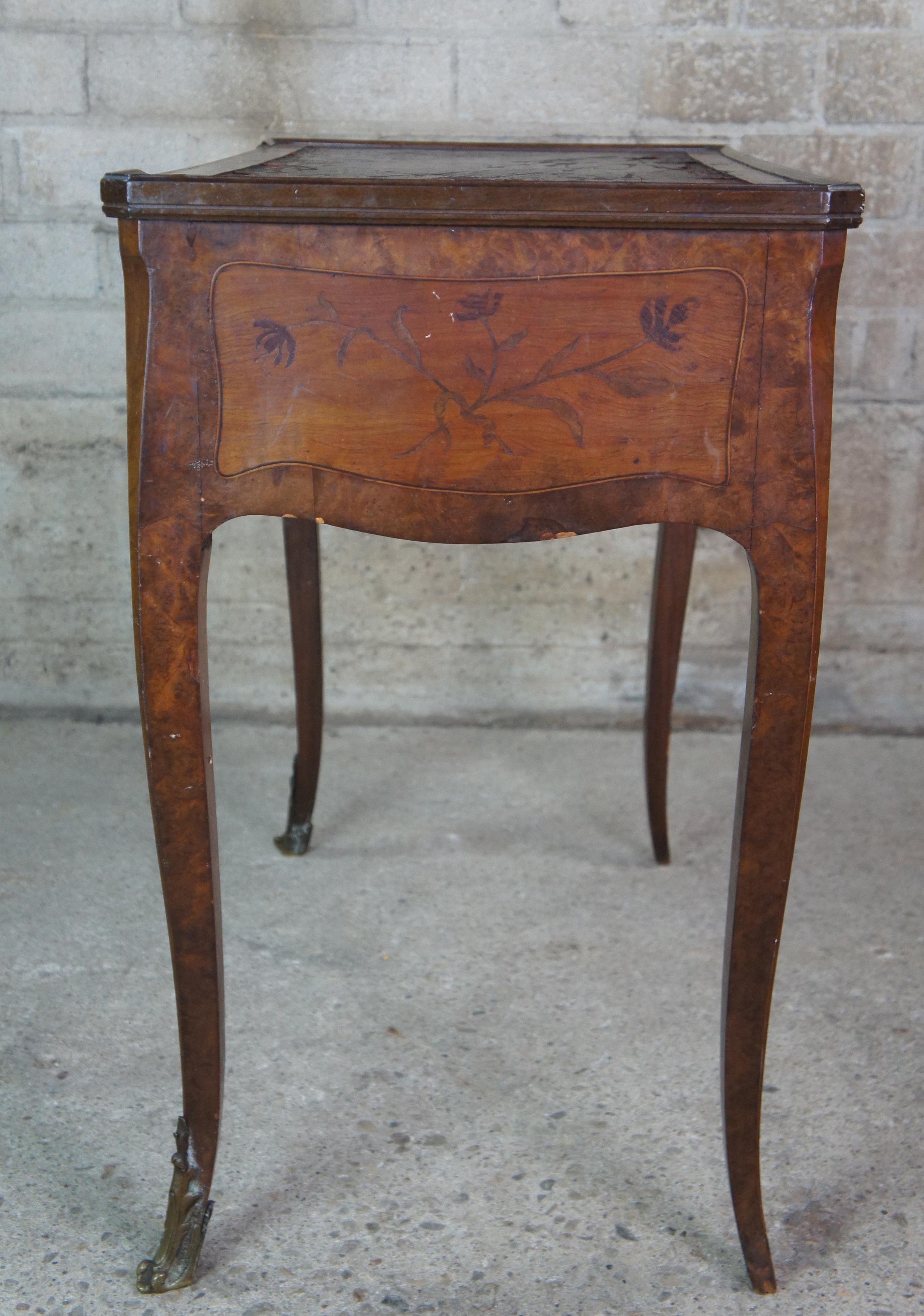Leather Antique French Louis XV Walnut Ormalu Inlaid Ladies Library Vanity Writing Desk 