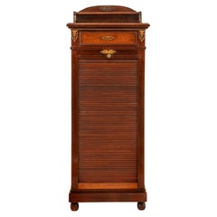 Antique French Louis XV Walnut Ormolu Tambour Roll Top File Cabinet Paris 1900