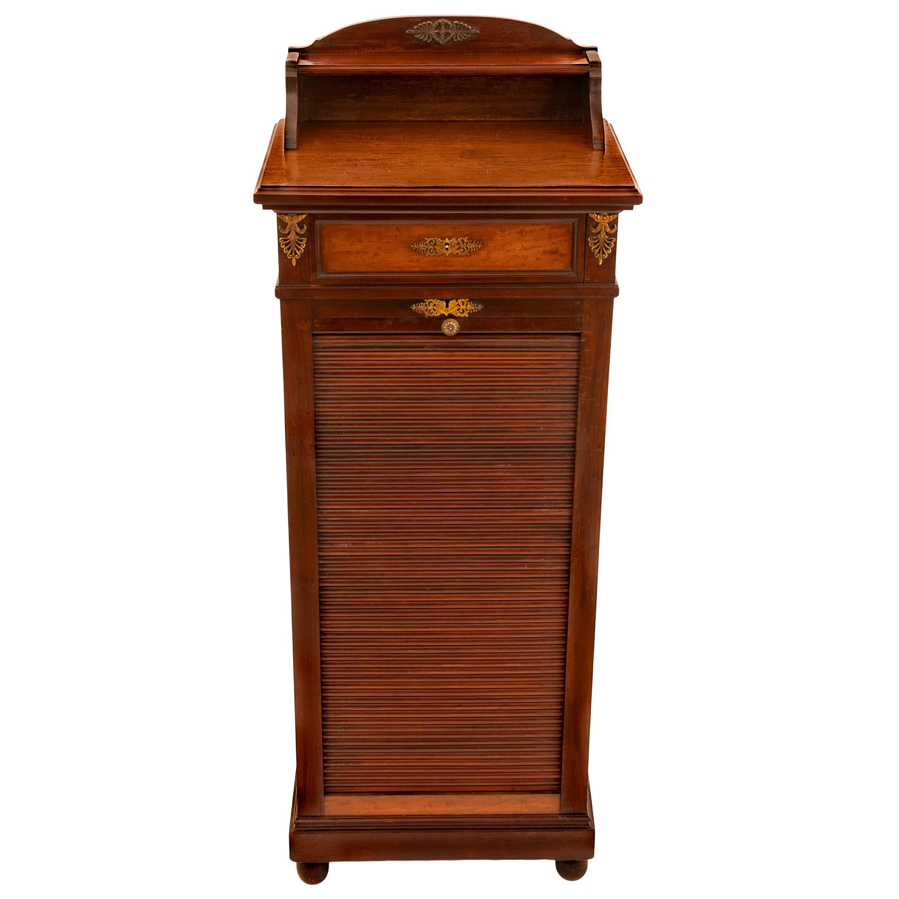 Early 20th Century Antique French Louis XV Walnut Ormolu Tambour Roll Top File Cabinet Paris 1900