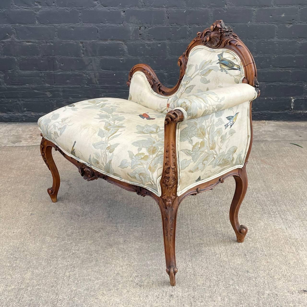 Fabric Antique French Louis XV Walnut Petite Chaise Lounge