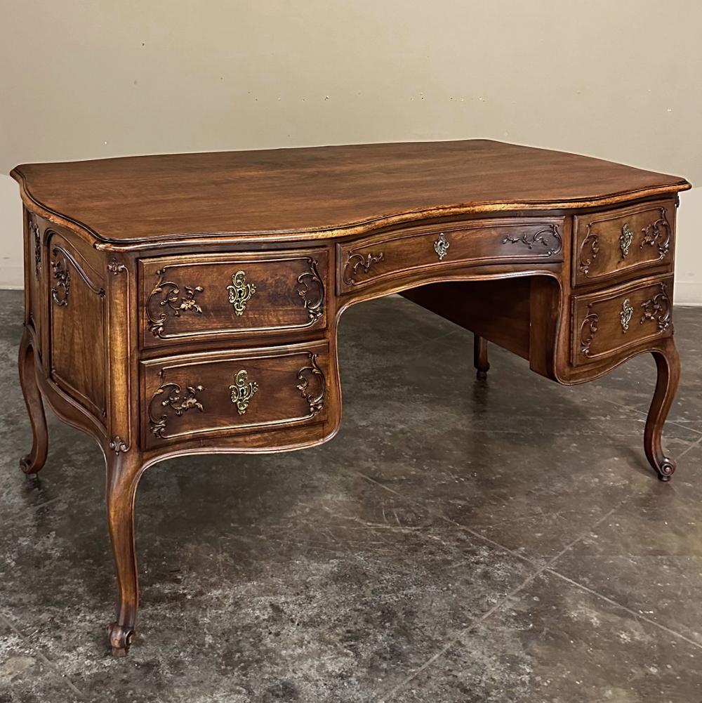 Brass Antique French Louis XV Walnut Serpentine Desk For Sale