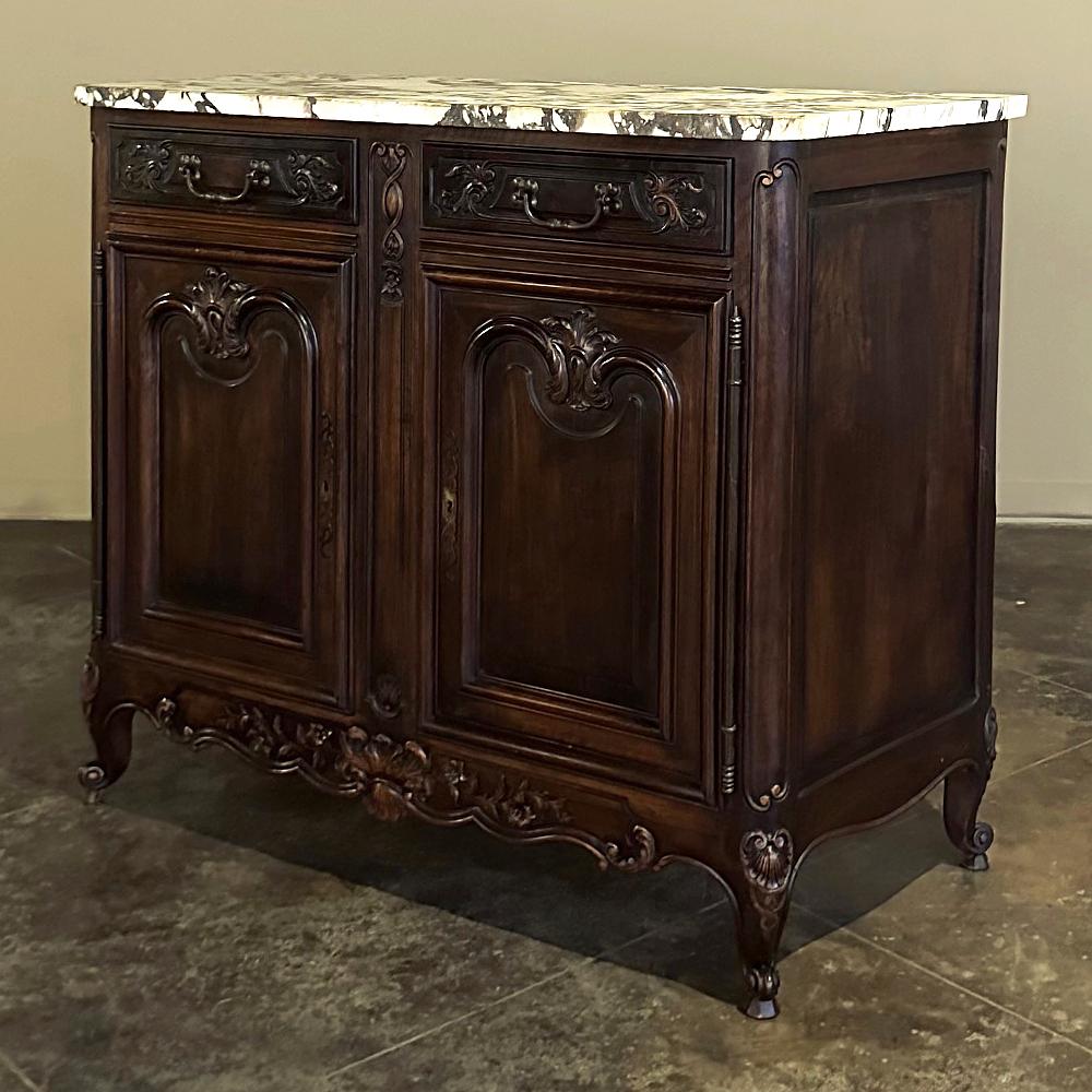 Antique French Louis XV walnut serpentine marble top buffet will make a great choice for any room in the home or office! handcrafted from Fine French walnut, such splendid works of the cabinetmaker's art are becoming ever harder to find. This