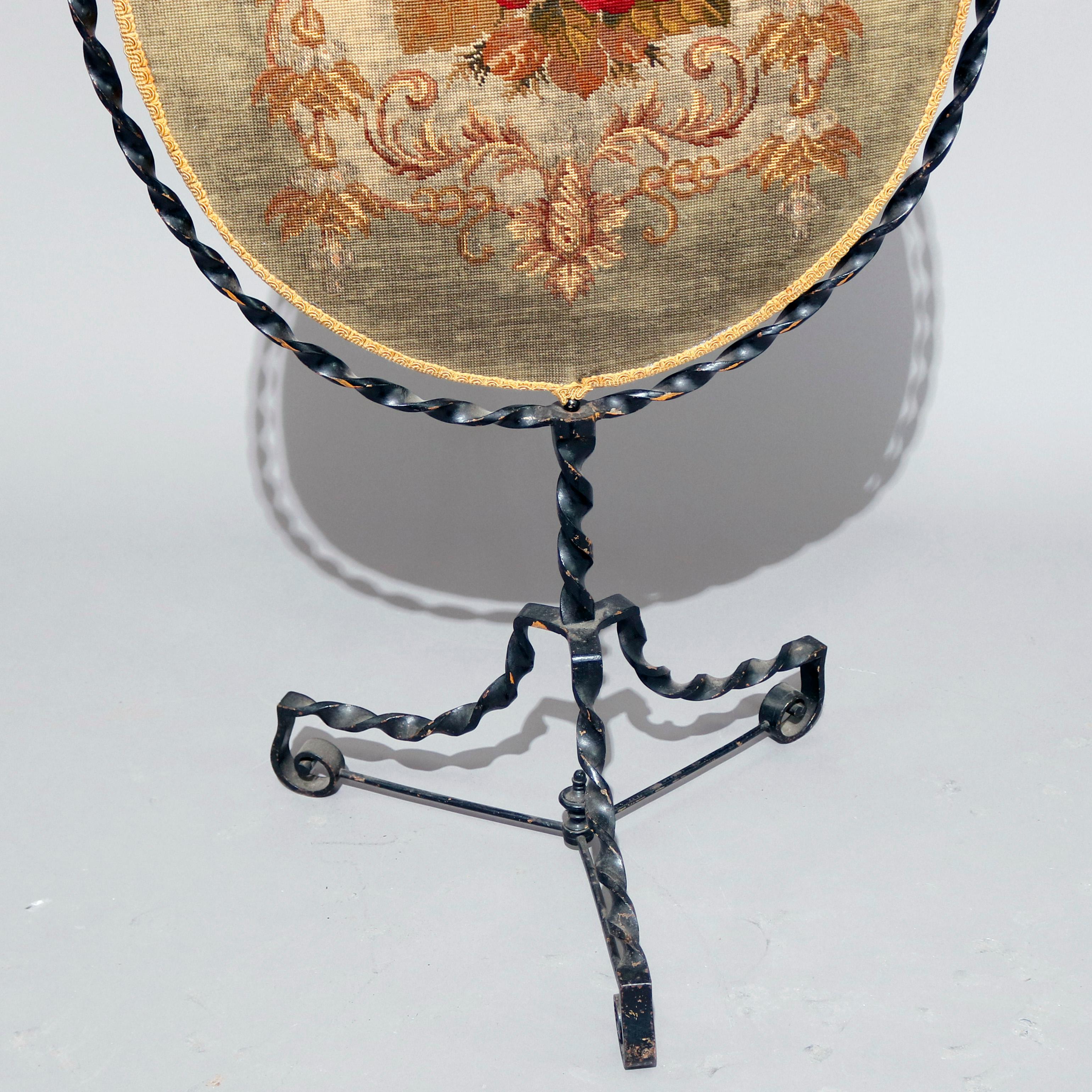 Needlepoint French Louis XV Wrought Iron and Floral Petite Point Fire Screen, circa 1880