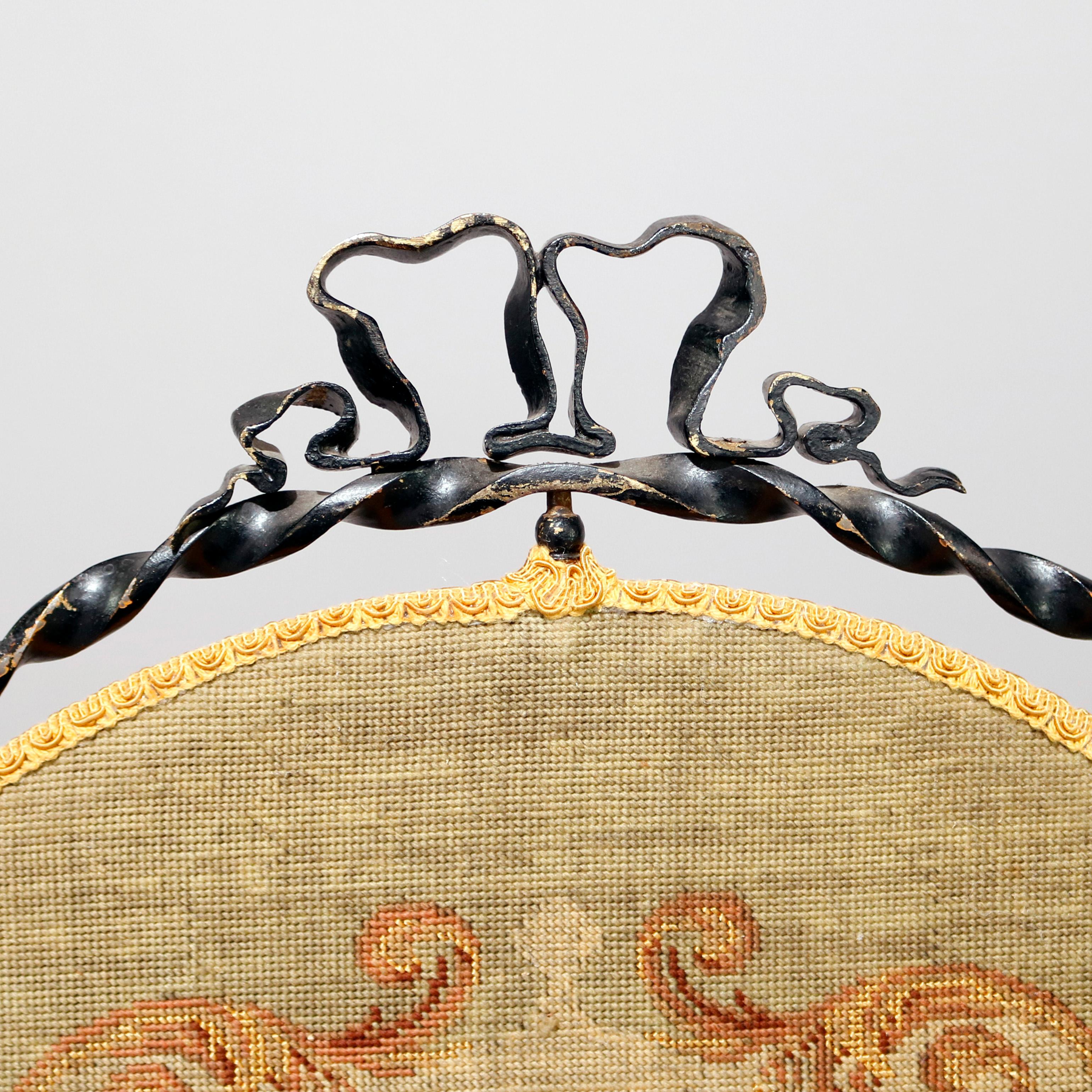 French Louis XV Wrought Iron and Floral Petite Point Fire Screen, circa 1880 In Good Condition In Big Flats, NY