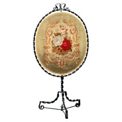 French Louis XV Wrought Iron and Floral Petite Point Fire Screen, circa 1880