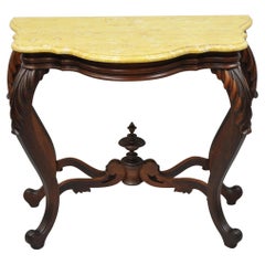 Antique French Louis XV Yellow Marble Top Carved Walnut Small Console Table