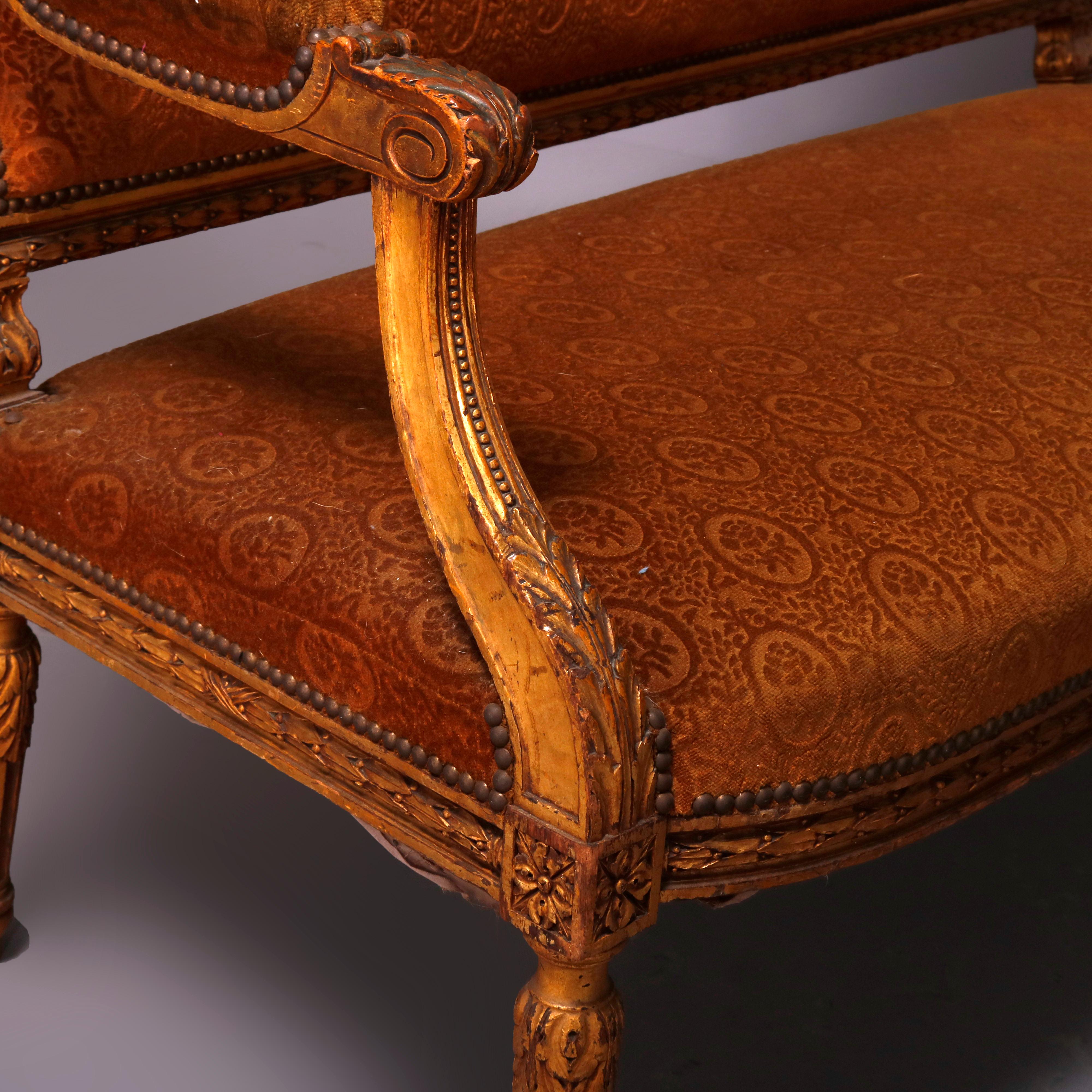 19th Century Antique Louis XVI Acanthus Carved Giltwood and Upholstered Settee, circa 1880