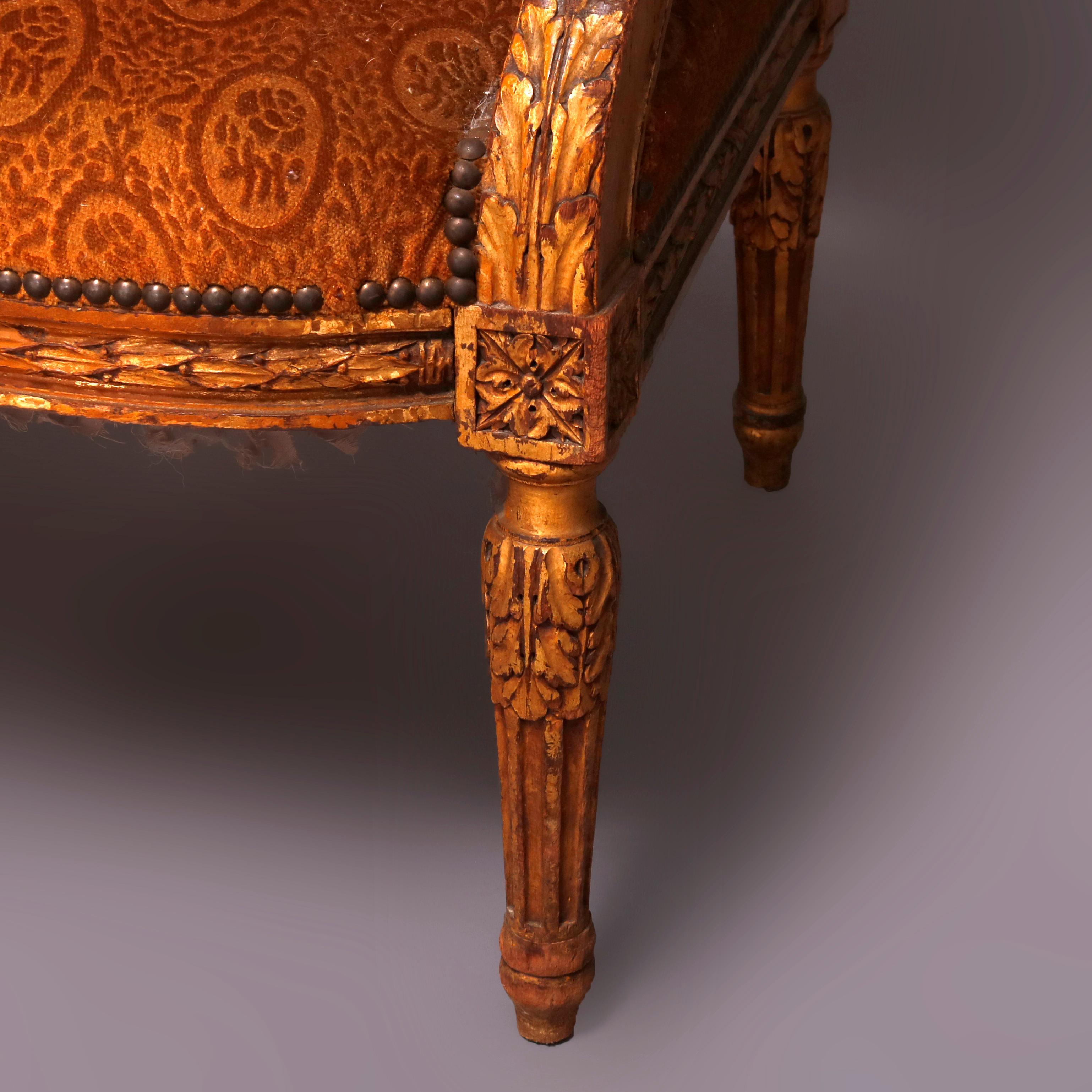 Upholstery Antique Louis XVI Acanthus Carved Giltwood and Upholstered Settee, circa 1880