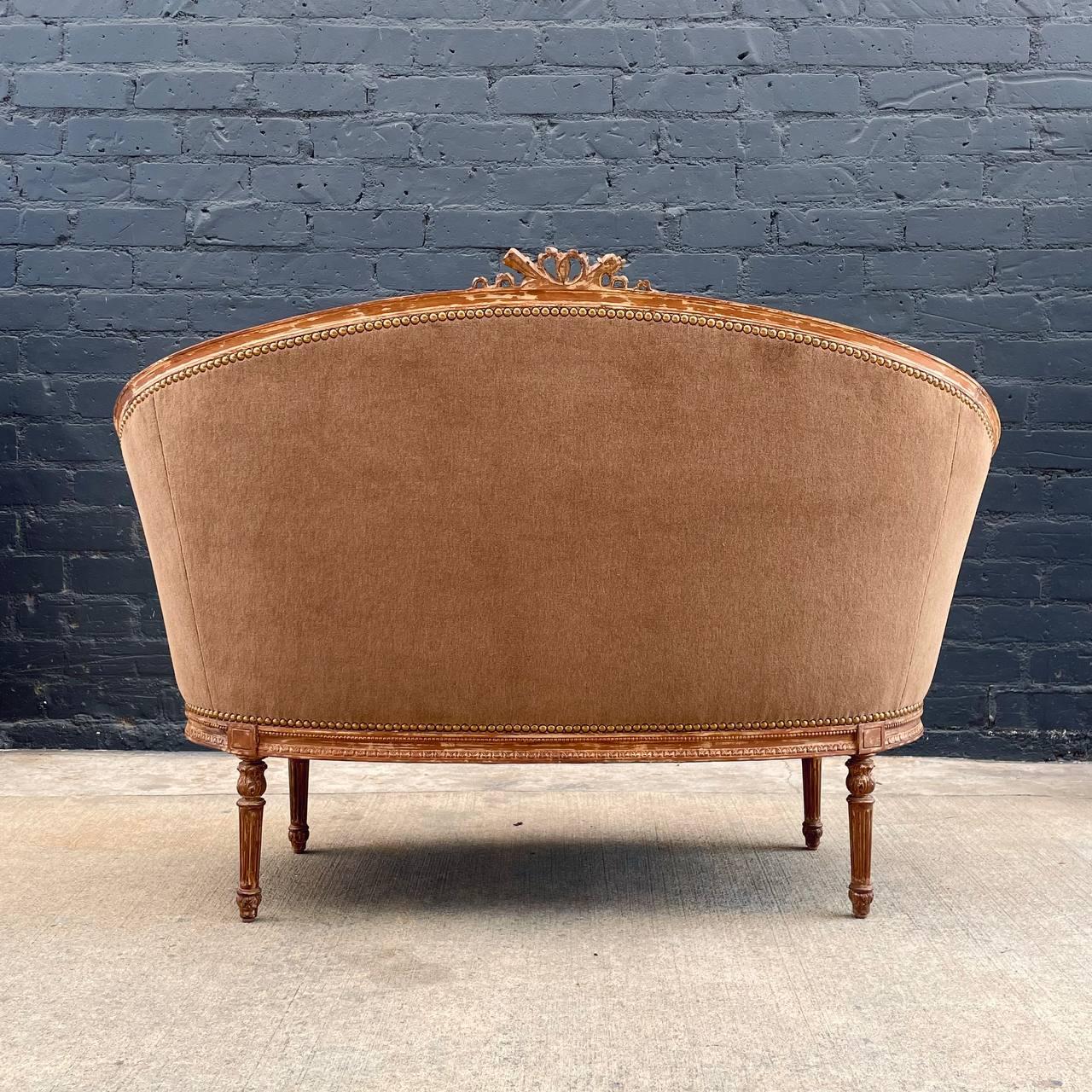 Antique French Louis XVI Alpaca Mohair Love Seat Sofa with Carved Details For Sale 2
