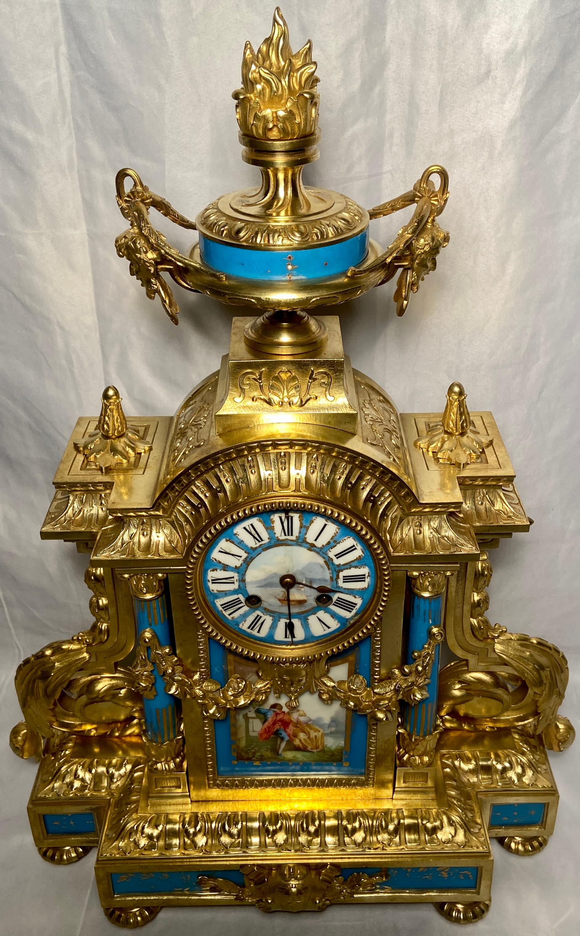 Antique French Louis XVI Blue Sèvres Porcelain and Ormolu Mounted Clock, circa 1875-85.