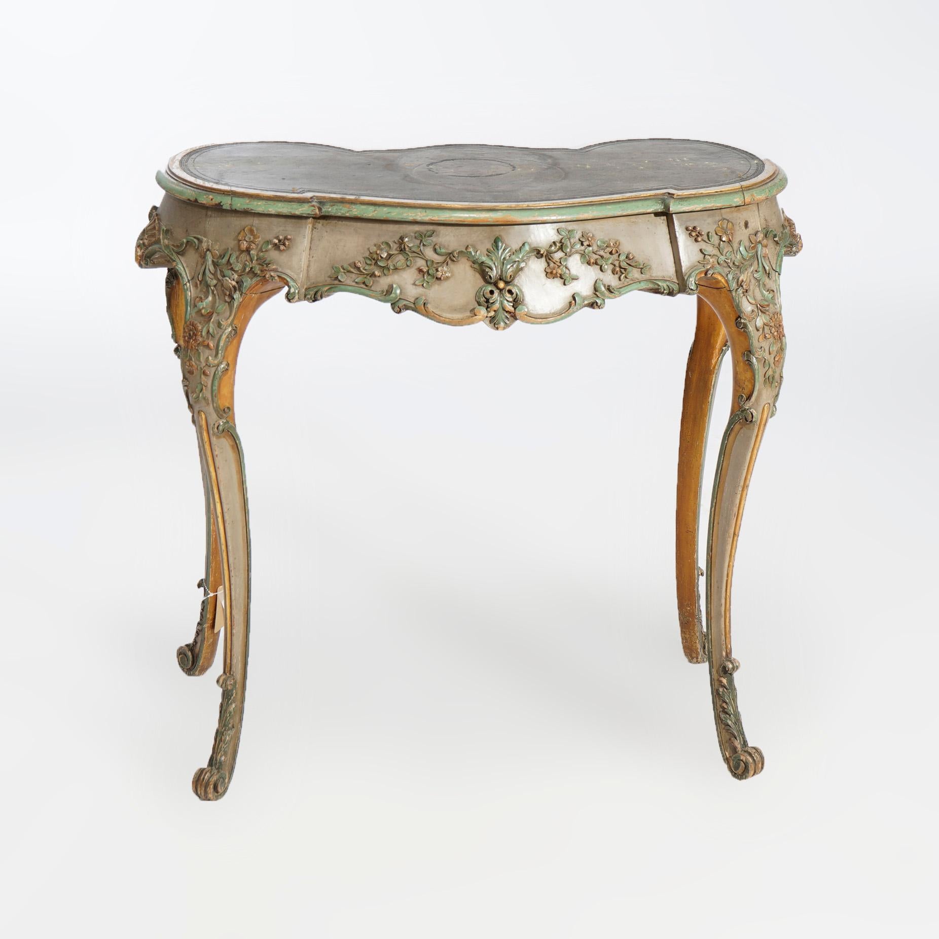 An antique French Louis XVI ladies boudoir writing desk offers serpentine form with polychromed floral and foliate elements throughout, case with single drawer, raised on cabriole legs with scroll from feet, 18th century

Measures- 31'' H x