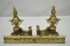 Antique French Louis XVI Brass Bronze Flame Finial Andirons w/ Adjustable Fender