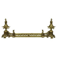 Antique French Louis XVI Messing Bronze Flamme Finial Andirons w / Adjustable Fender