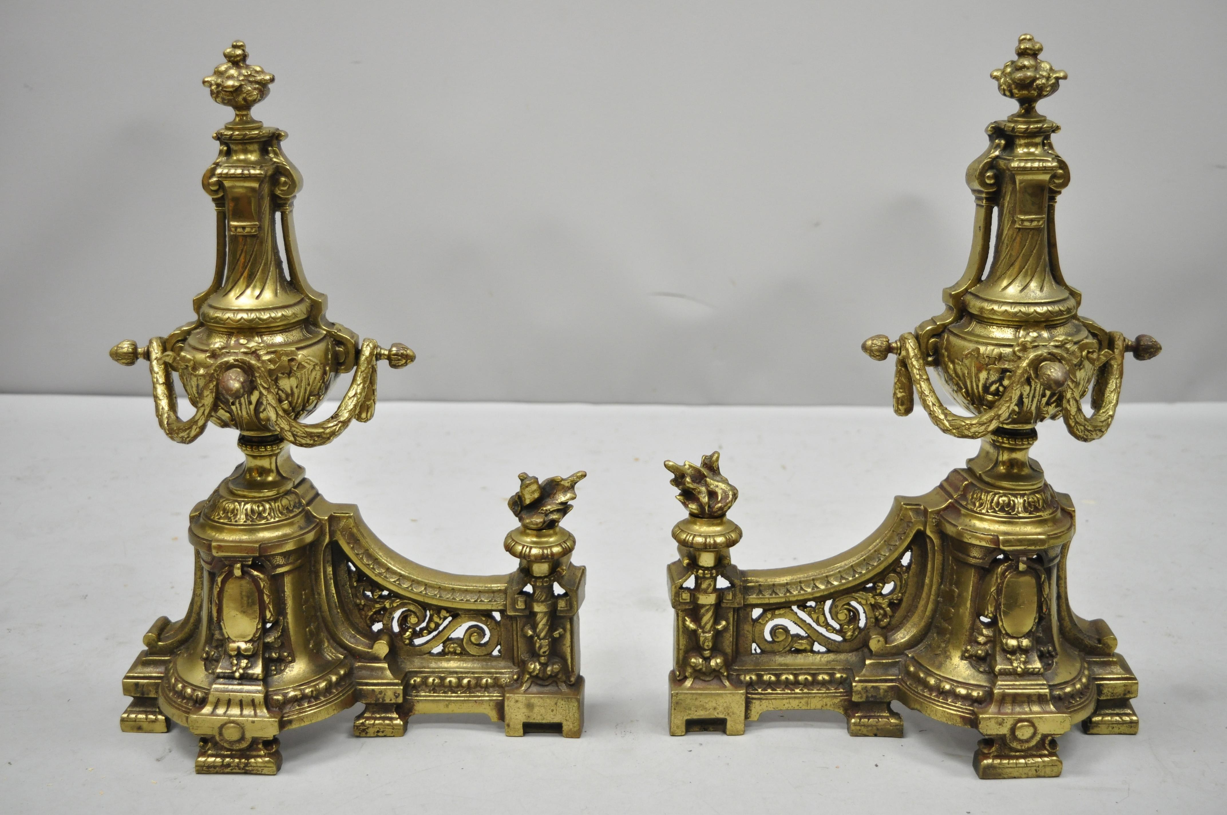 Antique French Louis XVI Brass / Bronze Flame Finial Pair of Andirons In Good Condition For Sale In Philadelphia, PA