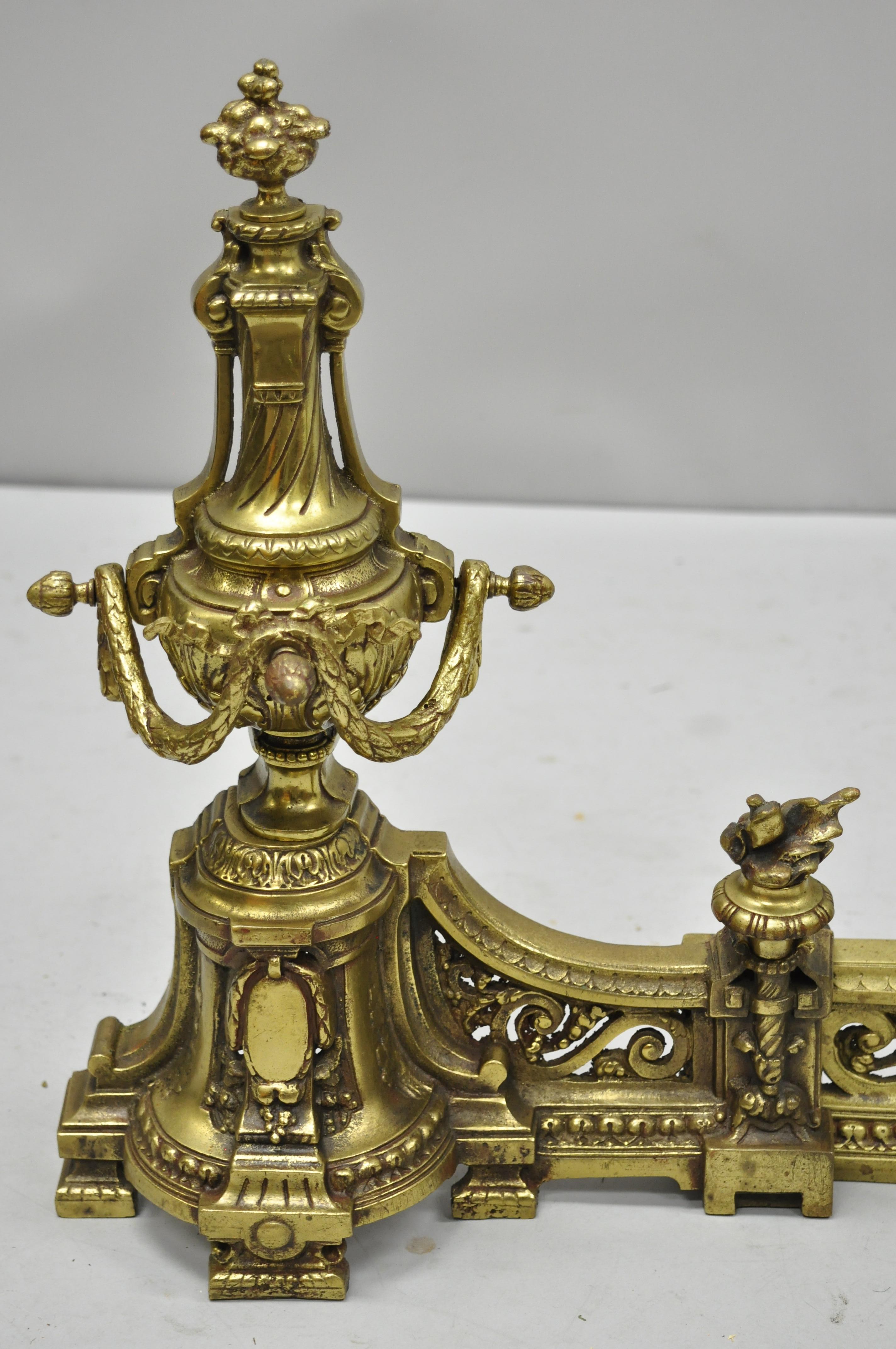 20th Century Antique French Louis XVI Brass / Bronze Flame Finial Pair of Andirons For Sale