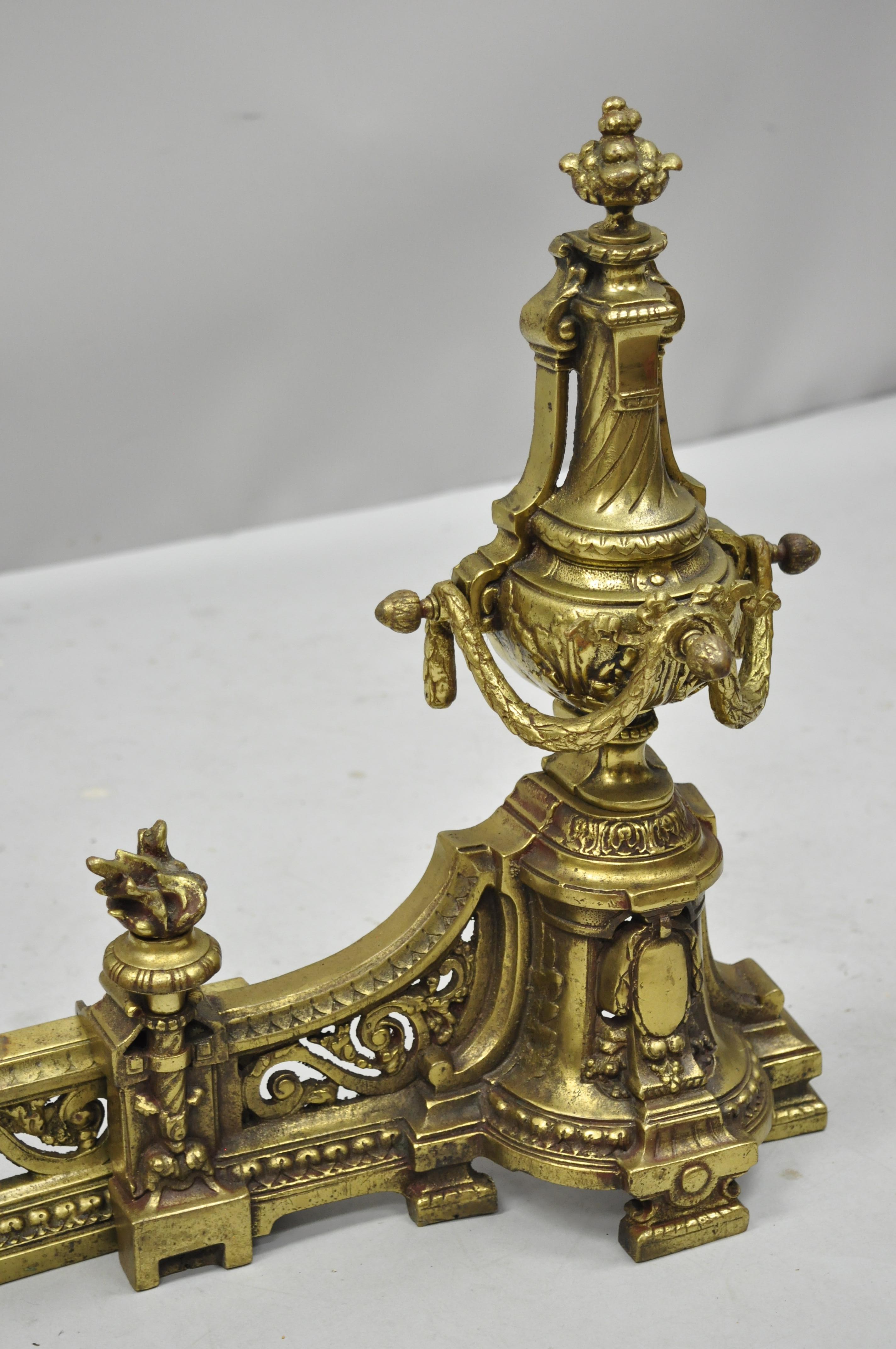 Antique French Louis XVI Brass / Bronze Flame Finial Pair of Andirons For Sale 2