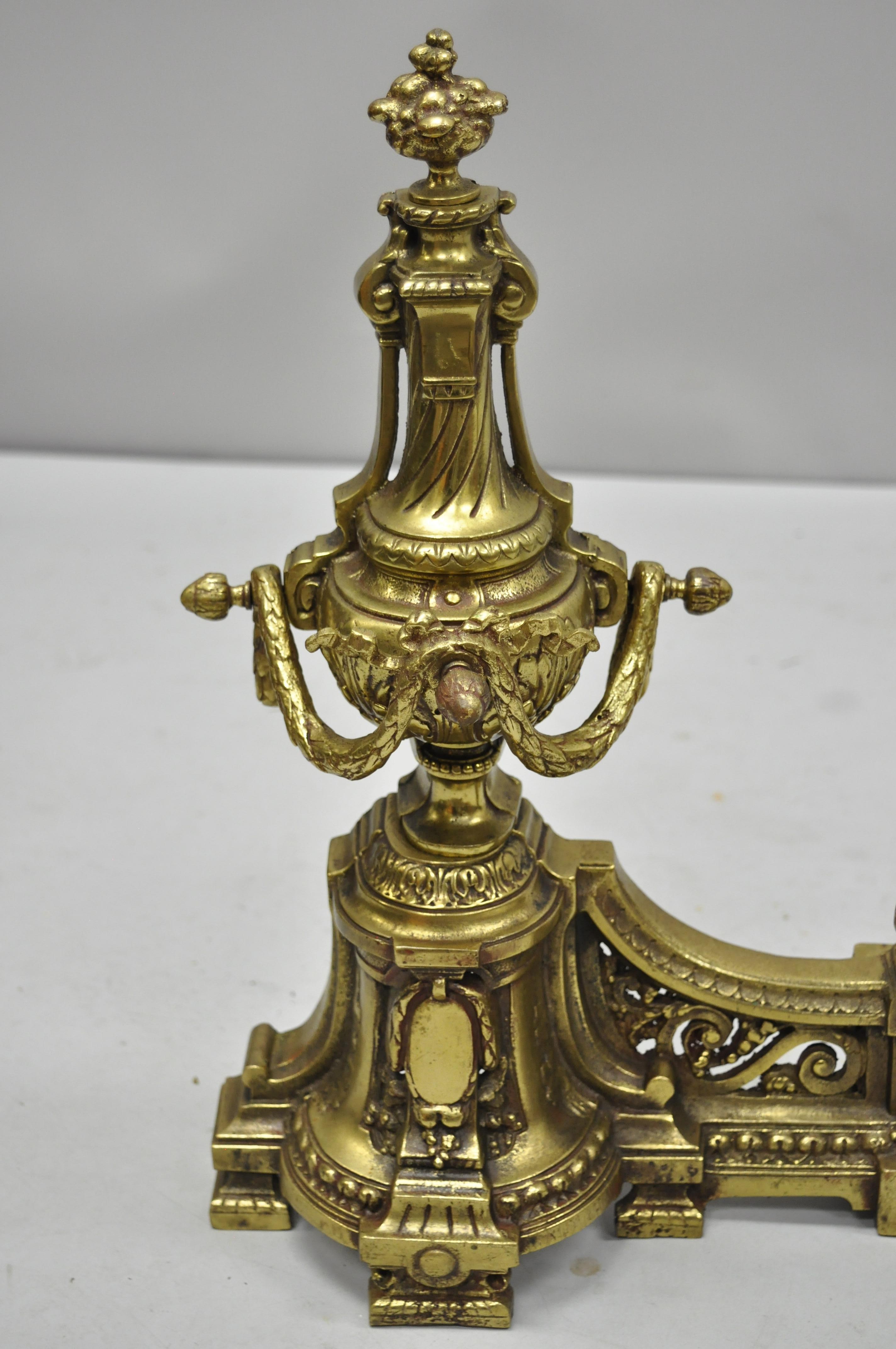Antique French Louis XVI Brass / Bronze Flame Finial Pair of Andirons For Sale 3