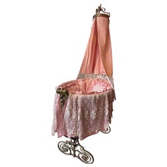 Antique French Louis XVI Brass Cradle With Crown & Silk