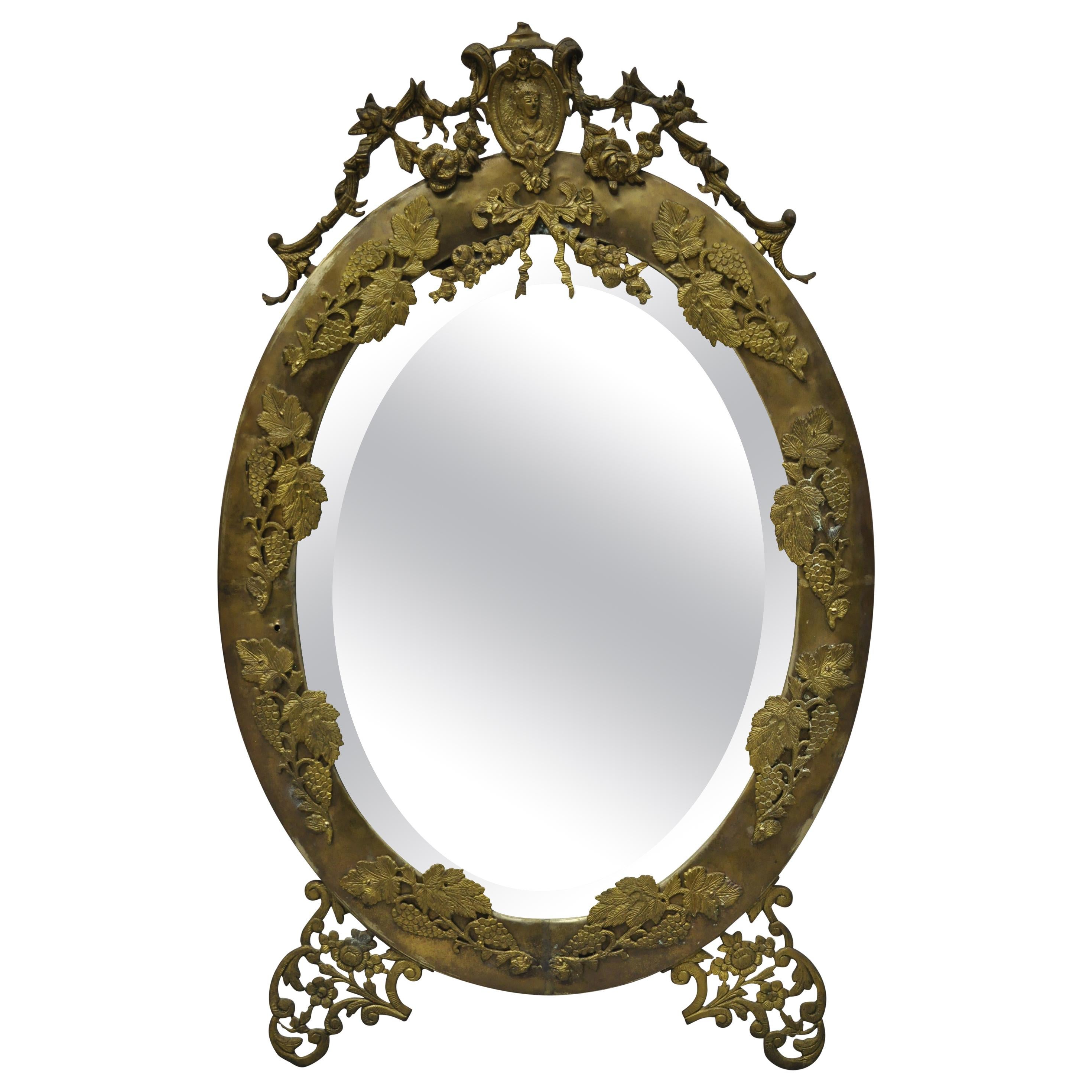 Antique French Louis XVI Brass Frame Oval Beveled Glass Mirror Bronze Ormolu For Sale