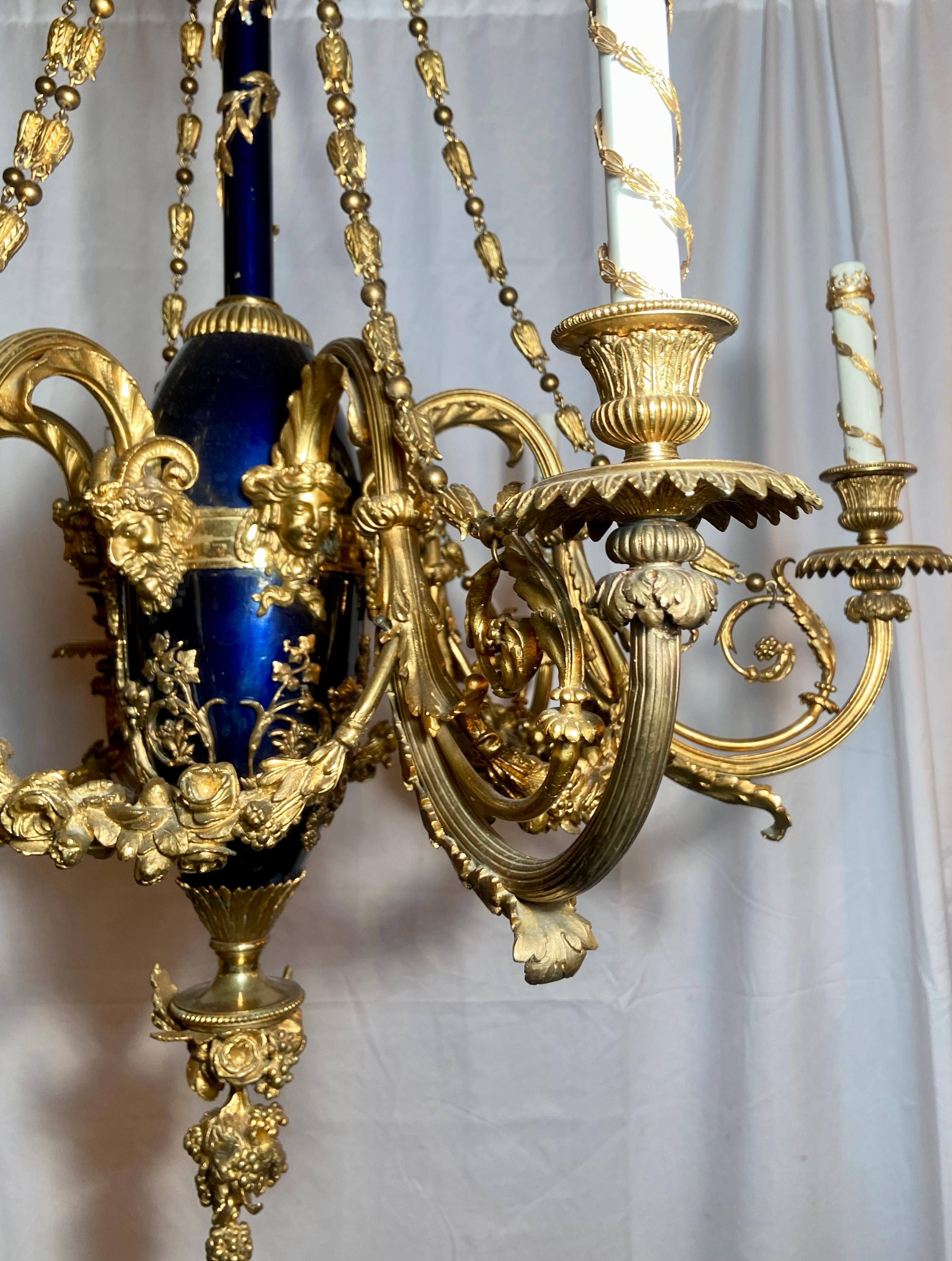 19th Century Antique French Louis XVI Bronze D' Ore and Cobalt Chandelier, circa 1880 For Sale