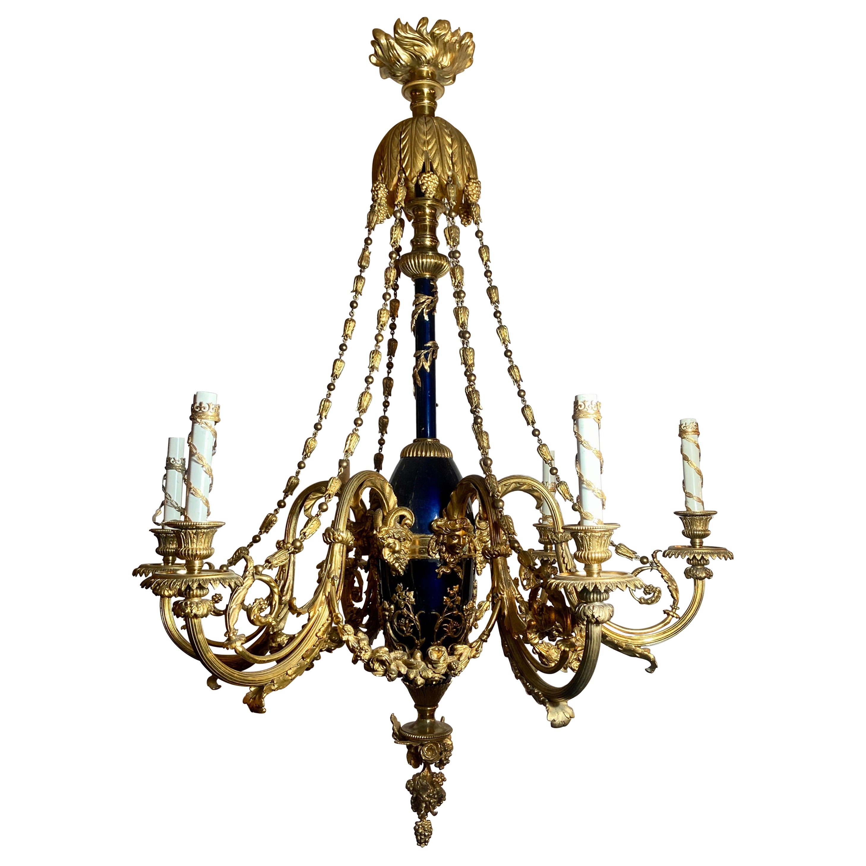 Antique French Louis XVI Bronze D' Ore and Cobalt Chandelier, circa 1880 in vendita