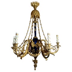 Antique French Louis XVI Bronze D' Ore and Cobalt Chandelier, circa 1880
