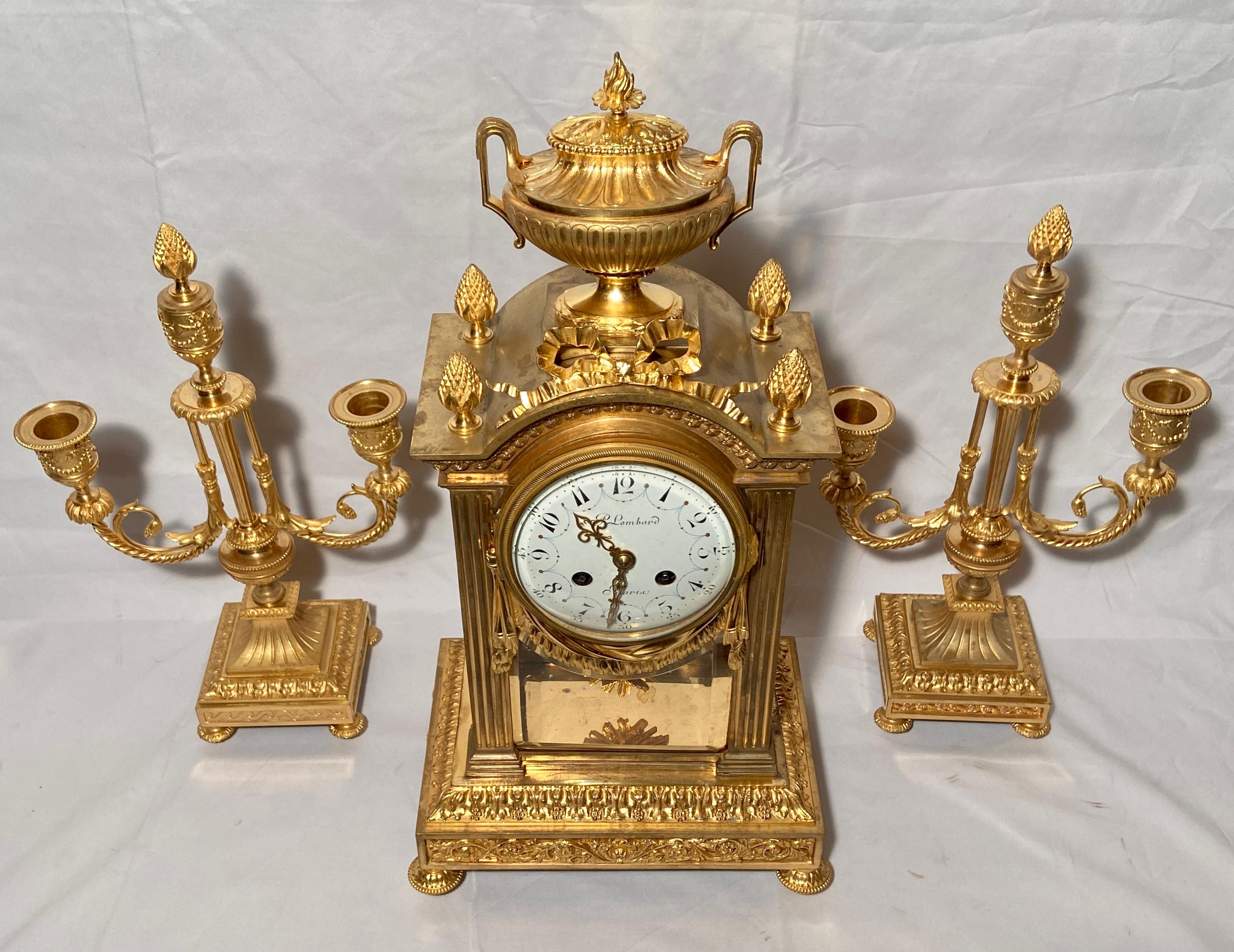 Antique French Louis XVI bronze d'ore 3-piece garniture clock set, Circa 1880.