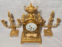 Antique French Louis XVI Bronze D'ore 3-Piece Garniture Clock Set, Circa 1880