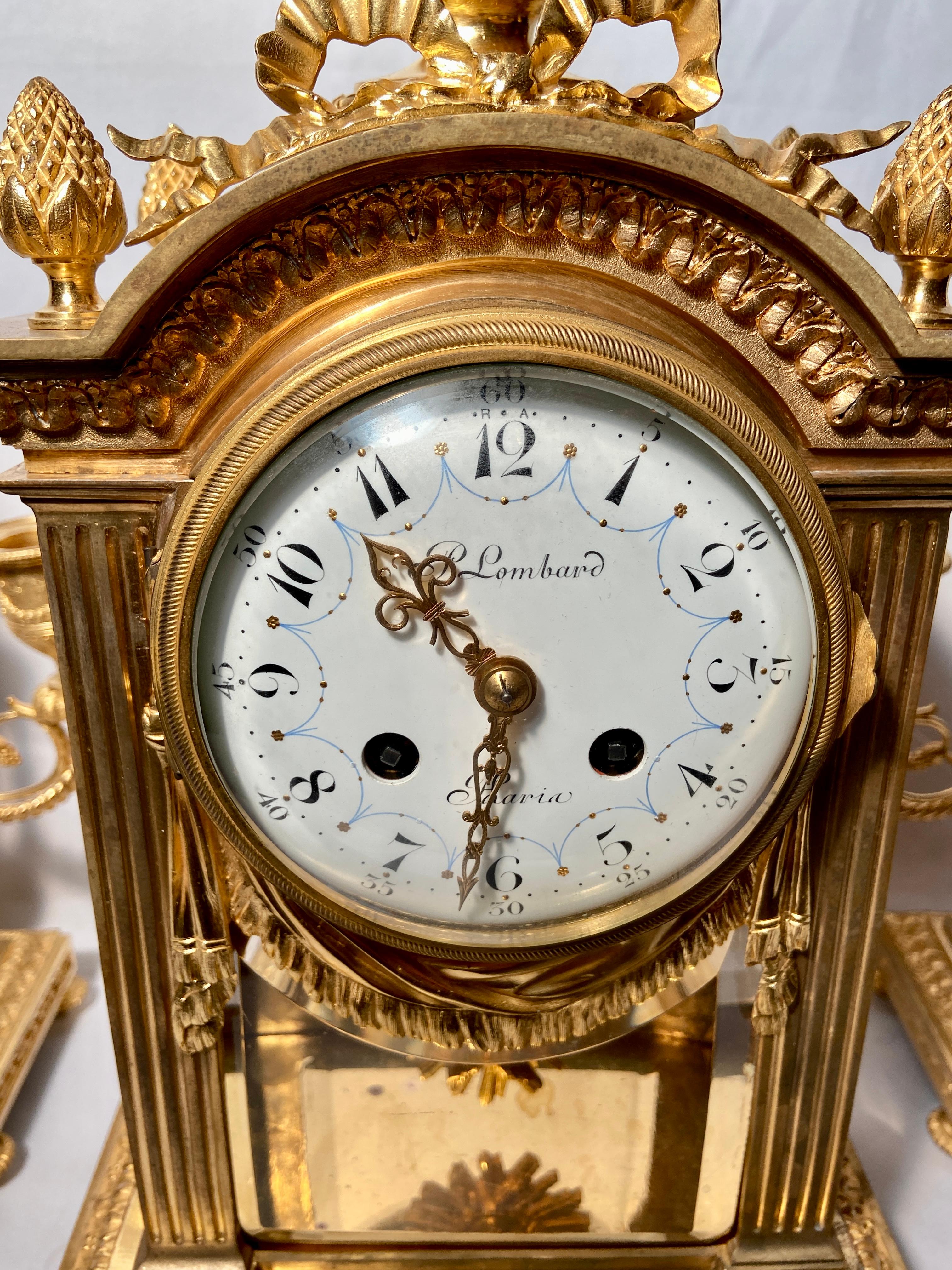 Antique French Louis XVI Bronze D'ore 3-Piece Garniture Clock Set, Circa 1880 In Good Condition For Sale In New Orleans, LA