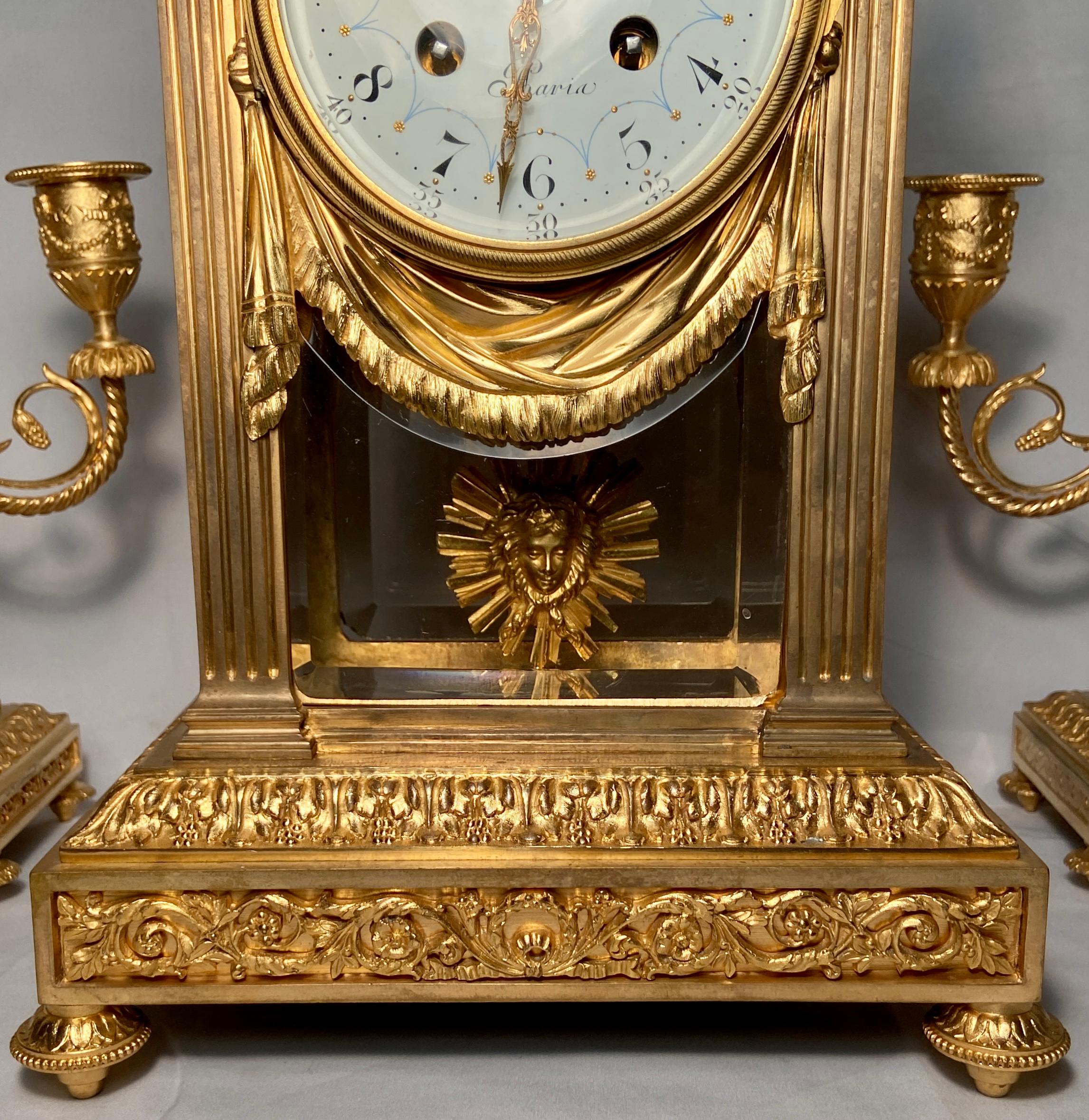 19th Century Antique French Louis XVI Bronze D'ore 3-Piece Garniture Clock Set, Circa 1880 For Sale